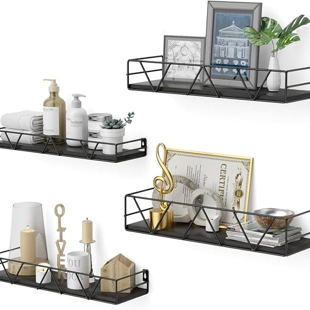 Floating Shelves Set of 4, Home Wood Wall Shelf, Farmhouse Shelf for Bedroom, Wall Mounted Floating Shelf for Living Room, Bedroom, Bathroom, Kitchen, Office (Black)