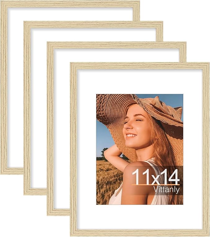Vittanly 11x14 Picture Frame Set of 4, Display Pictures 8x10 with Mat or 11x14 without Mat, Gallery Wall Frame Set for Wall or Tabletop, Engineered Wood with Shatter Resistant Plexiglass, Natural