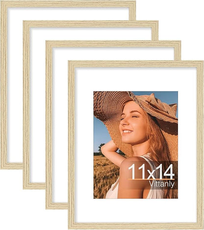 Vittanly 11x14 Picture Frame Set of 4, Display Pictures 8x10 with Mat or 11x14 without Mat, Gallery Wall Frame Set for Wall or Tabletop, Engineered Wood with Shatter Resistant Plexiglass, Natural