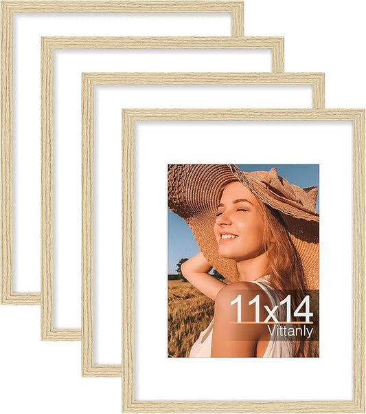 Vittanly 11x14 Picture Frame Set of 4, Display Pictures 8x10 with Mat or 11x14 without Mat, Gallery Wall Frame Set for Wall or Tabletop, Engineered Wood with Shatter Resistant Plexiglass, Natural