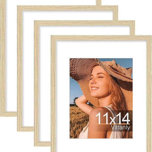 Vittanly 11x14 Picture Frame Set of 4, Display Pictures 8x10 with Mat or 11x14 without Mat, Gallery Wall Frame Set for Wall or Tabletop, Engineered Wood with Shatter Resistant Plexiglass, Natural