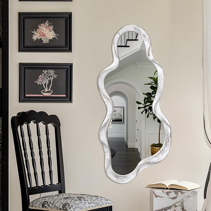 Asymmetrical Cloud Wavy Mirror - Large Irregular Wall Mirror with Modern Wood Frame - Decorative for Bedroom, Living Room, Bathroom, Entryway - White