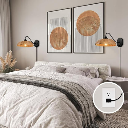 Globe Electric Plug-in or Hardwire Wall Sconce, Matte Black, Paper Twine Shade, 6-Foot Cord, Rotary Switch, 65000105