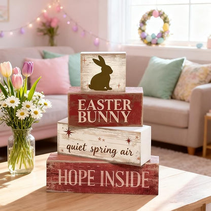 Easter Decorations - Easter Bunny Tiered Tray Decor - Wooden Bunny Tabletop Sign - Rustic Farmhouse Spring Home Decor Indoor for Tiered Tray Shelf Mantel Entryway Coffee Table - Spring Home Decor for Living Room, Kitchen Counter