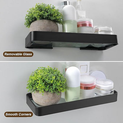 Z metnal Small Glass Bathroom Shelves, Matte Black Floating Shelf, Mini Wall Mounted Shelf (Dark Glass, 11.8 inch/30cm)