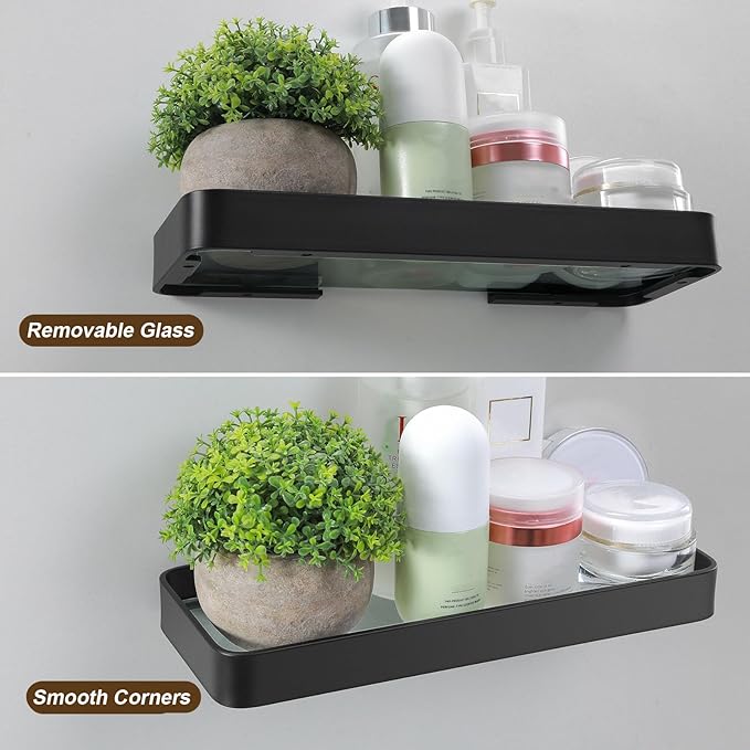 Z metnal Small Glass Bathroom Shelves, Matte Black Floating Shelf, Mini Wall Shelf Organizer, Wall Mounted (Dark Glass, 10 inch/25cm)