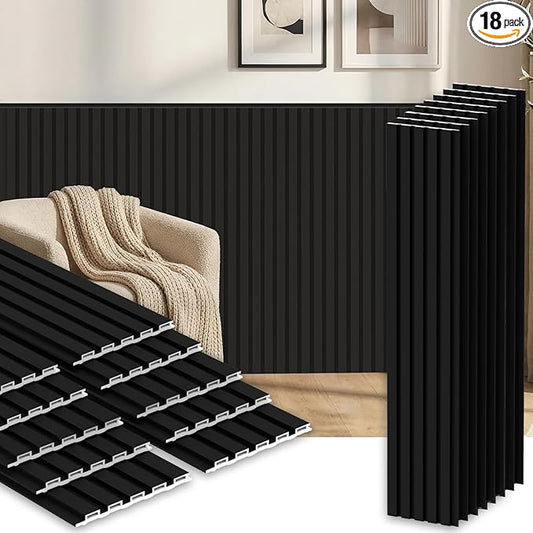 RITOLLO 18 Pack WPC Wainscoting Panels, 3D Fluted Wall Paneling 48.2 x 6.2 Inch, Modern Accent Wall Decor for Interior Decor, TV Background, Living Room, Bedroom, Office, Black