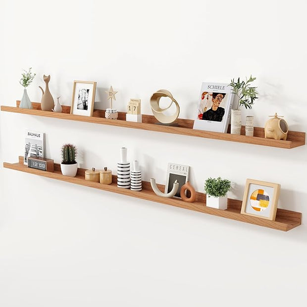 Axeman Cherry Picture Ledge Shelf, 72 Inch Floating Shelves Set of 2, Solid Wood Wall Shelves with Lip, Wall Decor Storage for Bedroom Living Room Bathroom Kitchen Nursery Photo, Natural Cherry