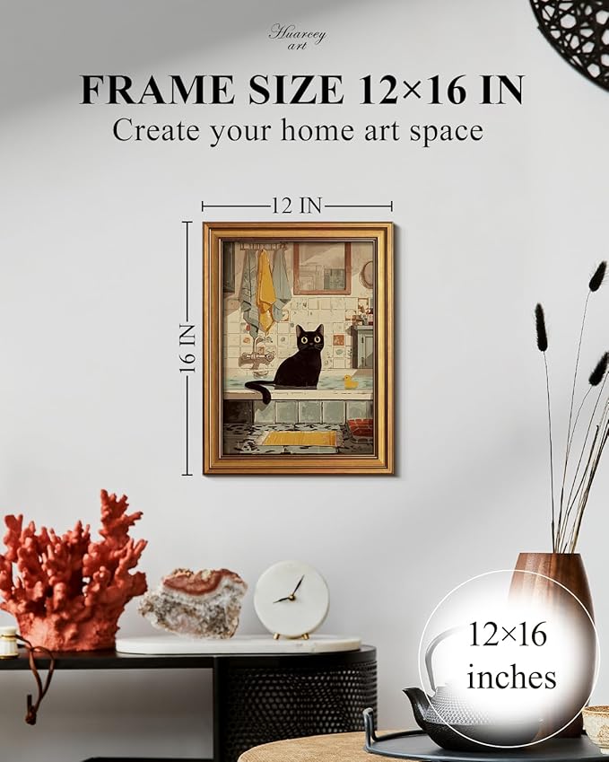 HUARCEY Gold Framed Canvas Wall Art, Bathroom Cat Vintage Decor, Bathroom Shelf Vintage Decor Aesthetic, Retro Decoration for Bathrooms Bedroom Living Room, 12x16Inch
