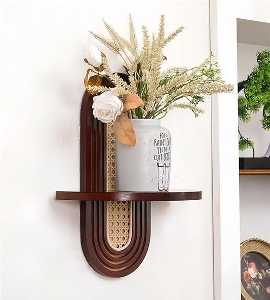 Modern Rattan Wall Shelf, Arched Rattan Wall Shelf, Decorative Wall Flower Stand, Bohemian Style Hanging Shelf, Pastoral Style, Suitable for Bedroom, Living Room and Balcony(Brown)