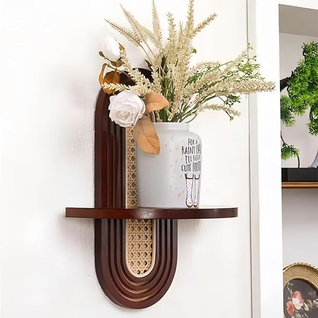 Modern Rattan Wall Shelf, Arched Rattan Wall Shelf, Decorative Wall Flower Stand, Bohemian Style Hanging Shelf, Pastoral Style, Suitable for Bedroom, Living Room and Balcony(Brown)