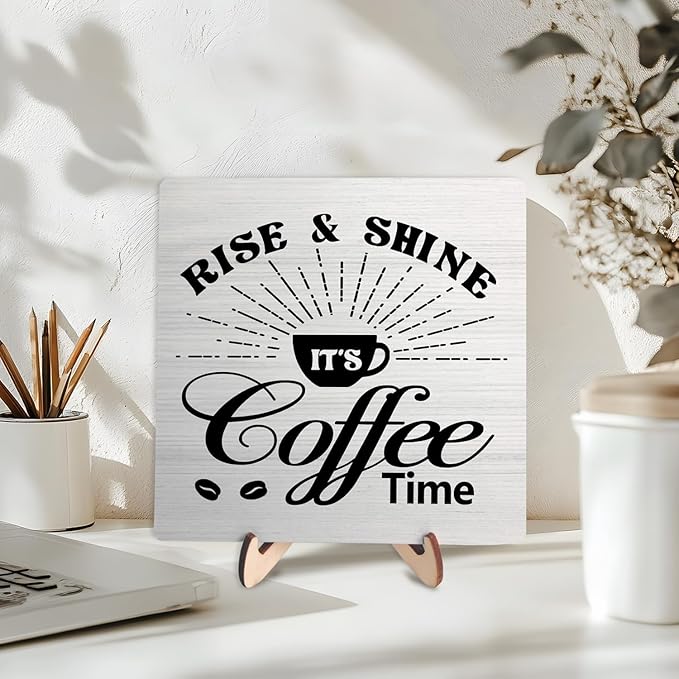Vintage Coffee Bar Wooden Plaque Desk Sign, Farmhouse Wood Plaque Tabletop Decor for Cafe Bar Kitchen Office,Coffee Station Accessories 5.9x5.9Inch(Coffee- White02)
