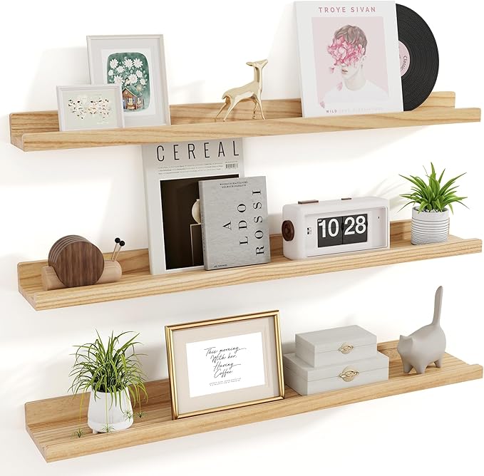 RICHFOCUS Floating Shelves for Wall, 36 inch Solid Wood Picture Ledge Shelf for Wall Storage, Nursery Book Shelves with Lip for Living Room Bathroom Bedroom Kitchen, Set of 3, Natural