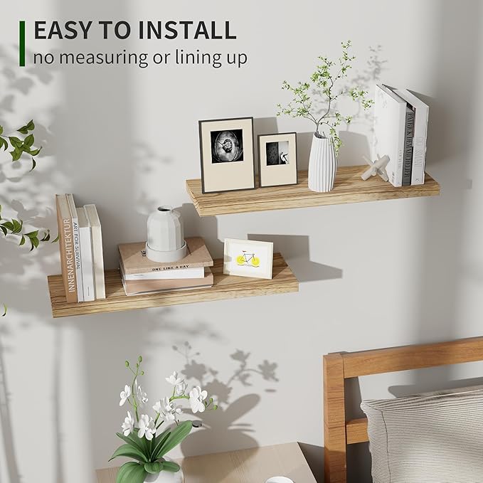 Marsmiles Wood Floating Shelves for Wall Set of 2, 24 Inch Wide Rustic Wooden Floating Shelves, Invisible Wall Mounted Display for Living Room Bedroom Kitchen Bathroom Office, Carbonized Black
