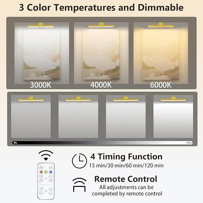 MIOBLUE Rechargeable Picture Light with Remote, Wireless Battery Wall Light for Paintings, 3 Colors Paintings Light Dimmable and Timer Art for Display, Wall, Artwork, Gallery
