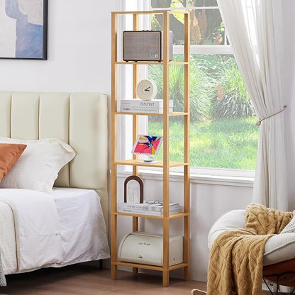 66in Tall Bookshelf 6-Tier Small Narrow Bookcase, Skinny Book Shelf for Small Space, Farmhouse Slim Shelf with Storage, Wood Freestanding Display Thin Bookshelves for Living Room, Natural