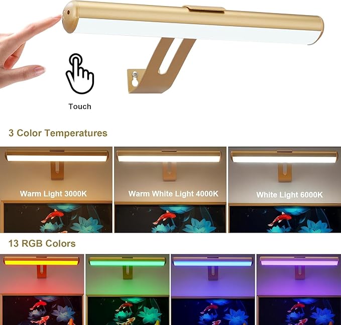 Picture Light Battery Operated, Picture Lights for Wall, Wireless Picture Light with Remote for Paintings, 48 LED, 16 Color Changing, Dartboard Light with 2 Base for Art, Gold-2Pack