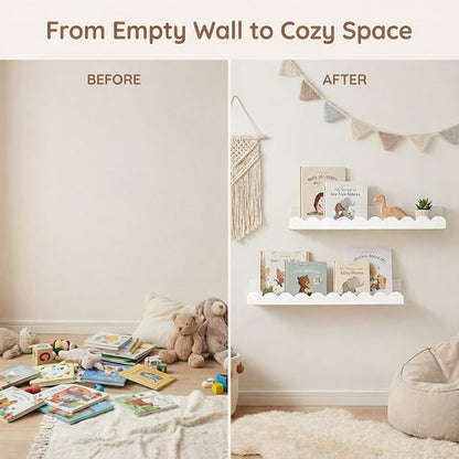 Nursery Floating Shelves for Kids Room, 4 Pack 15.7 Inch White Wall Shelves with Scalloped Edge, Kids Bookshelves for Toddler Bedroom, Playroom, Baby Nursery Decor