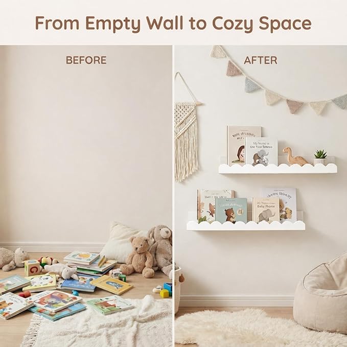 Nursery Floating Shelves for Kids Room, 4 Pack 15.7 Inch White Wall Shelves with Scalloped Edge, Kids Bookshelves for Toddler Bedroom, Playroom, Baby Nursery Decor
