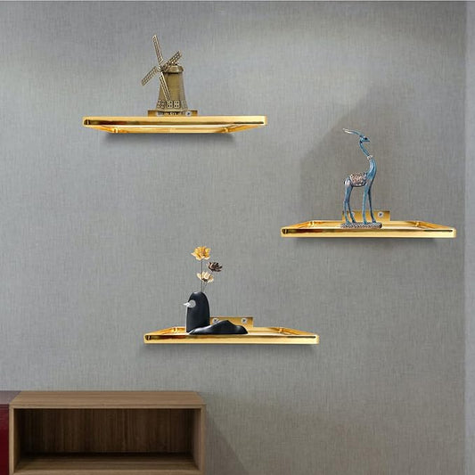 Cityelf Floating Shelves Wall Mounted Wall Decor Iron Glass Hanging Shelf Home Decor Set of 3 Display Ledge Shelves for Living Room Bedroom Office-Gold