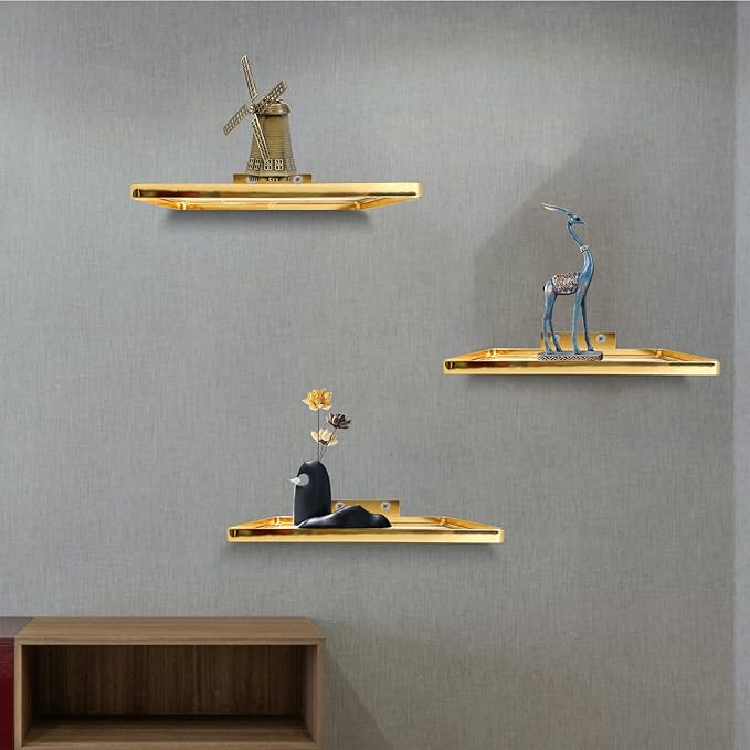 Cityelf Floating Shelves Wall Mounted Wall Decor Iron Glass Hanging Shelf Home Decor Set of 3 Display Ledge Shelves for Living Room Bedroom Office-Gold