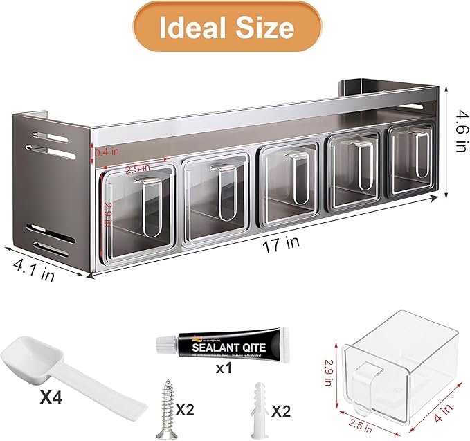 Kitchen Spice Rack, Kitchen Organizer and Storage Rack with 5 Spoons, Spice Organization for Cabinets Punch-free Wall/Countertop Home Decor Multifunctional Double Layer 5 Grid Condiment Rack, Gray