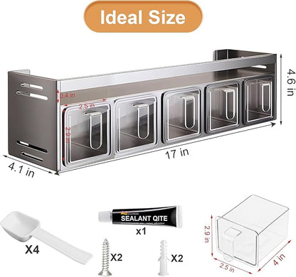 Kitchen Spice Rack, Kitchen Organizer and Storage Rack with 5 Spoons, Spice Organization for Cabinets Punch-free Wall/Countertop Home Decor Multifunctional Double Layer 5 Grid Condiment Rack, Gray