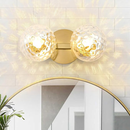 Gold Bathroom Vanity Light Fixtures: Modern Wall Scones With 2 Hammered Clear Glass Shades - Globe Makeup Lighting Fixture over Mirror - Brass Ball Powder Room Vanities Lights for Hallway Bedroom