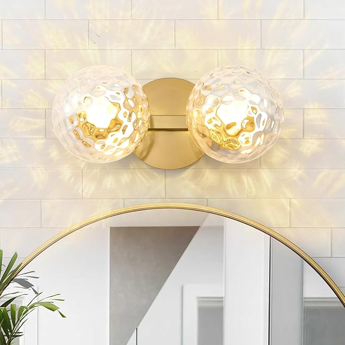 Gold Bathroom Vanity Light Fixtures: Modern Wall Scones With 2 Hammered Clear Glass Shades - Globe Makeup Lighting Fixture over Mirror - Brass Ball Powder Room Vanities Lights for Hallway Bedroom