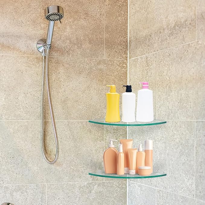 2 Pcs Tempered Glass Corner Shelf with 8 Brackets, 11.5" x 11.5" Floating Shower Caddy, Wall Mounted Shampoo Holder Organizer for Bathroom, Kitchen, Living Room