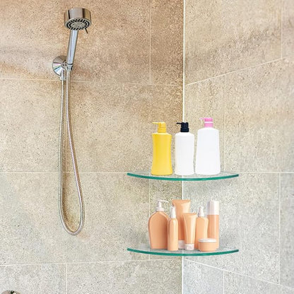 2 Pcs Tempered Glass Corner Shelf with 8 Brackets, 11.5" x 11.5" Floating Shower Caddy, Wall Mounted Shampoo Holder Organizer for Bathroom, Kitchen, Living Room