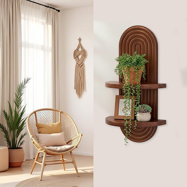 Mordern Wall Shelf with Arched Mid Century Art Boho Decor Design Floating Shelves for Home Bedroom Living Room Farmhouse Display Wall Plant Holder Decoration, 22 x 11.8 Inch, Walnut