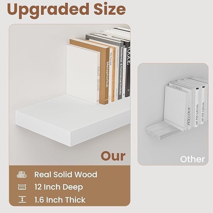 Fun Memories White Floating Shelves 48 InchLong, 9 Inch Deep Floating Shelves, Solid Wood Shelves for Home Decor, Deep Storage & Display Shelves for Living Room, Bathroom, Kitchen, Set of 1
