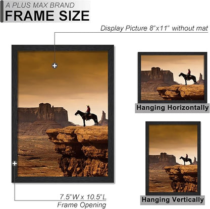 A PLUS MAX 8x11 Picture Frame Set of 6, Black Engineered Wood Frame for 8 x 11 Inch Picture Poster Photo, Light Weight 8 by 11 Frame with Wood-grain for Wall - 6 Pack/Black/8"x11"