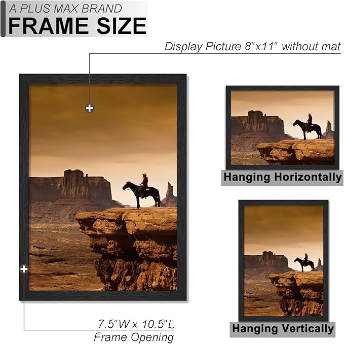 A PLUS MAX 8x11 Picture Frame Set of 2, Black Engineered Wood Frame for 8 x 11 Inch Picture Poster Photo, Light Weight 8 by 11 Frame with Wood-grain for Wall - 2 Pack/Black/8"x11"