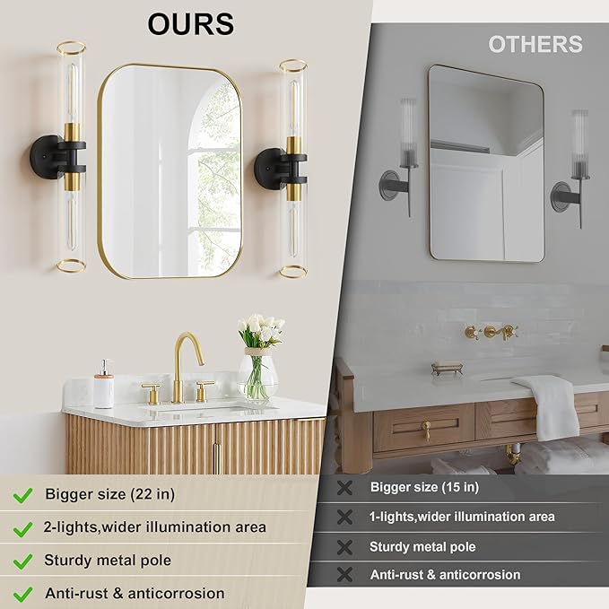 Wall Sconces Set of Two, Black and Gold Bathroom Wall Sconces with Clear Glass,Hardwired Modern Sconces Wall Decor Set of 2 Wall Light for Bathroom Mirror Bedroom Living Room Hallway Vanity