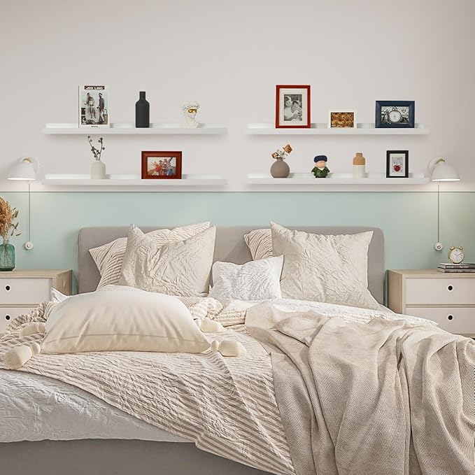 Long Floating Shelves 36 Inches Set of 4,Wood Picture Shelf for Wall with Ledge,Photo Frames Display Shelves Wall Mounted Rustic for Living Room Bedroom Kids Nursery,Home Decor (Rustic White)