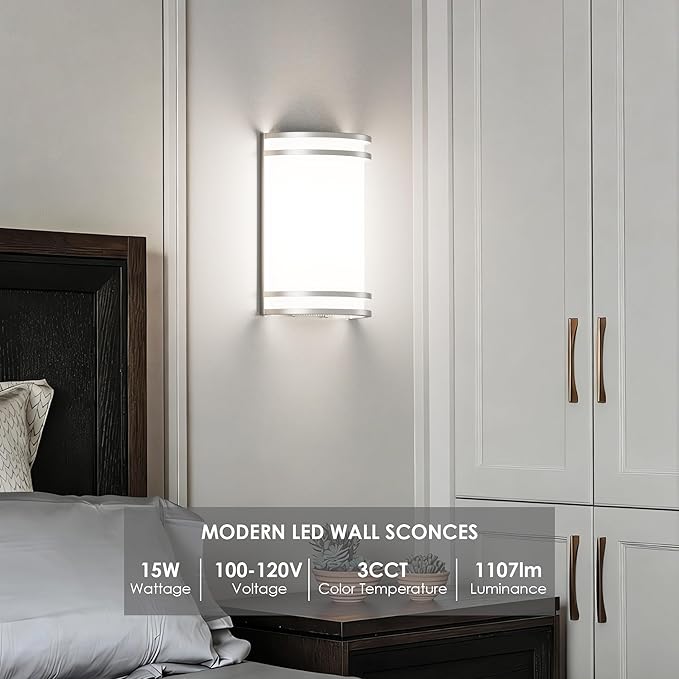 Aipsun Modern Wall Sconces Set of Two, Hardwired 15W LED Indoor Wall Sconce Lighting Dimmable Wall Lights for Living Room Hallway Bedroom (Brushed Nickel)
