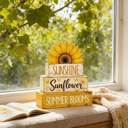 4 Pcs Sunflower Decor Faux Book Stack Blocks Farmhouse Tiered Tray Decor Summer Decorations for Home Kitchen Table Rustic Sunflower Kitchen Decor
