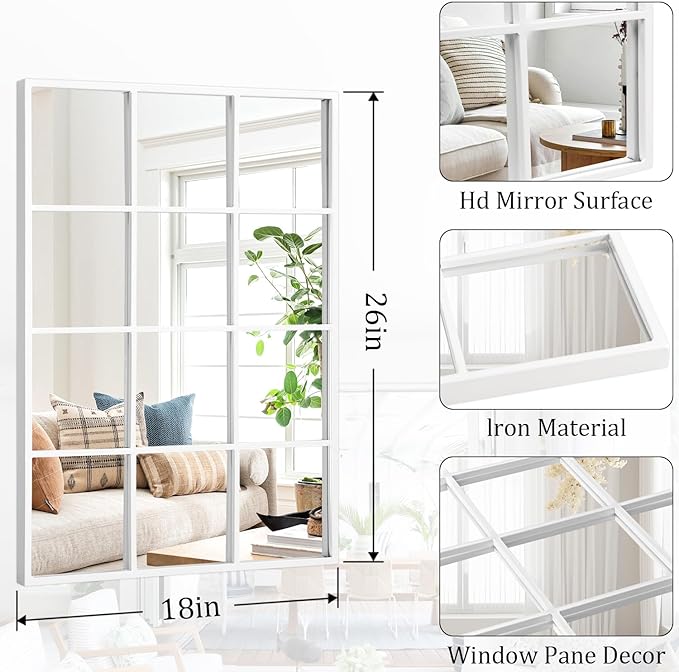 White Rectangle Mirror, Metal Framed Wall Mounted Mirror Modern Window Hanging Mirrors for Bedroom Living Room Fireplace 18x26 Inch Decor