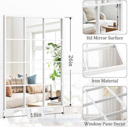 White Rectangle Mirror, Metal Framed Wall Mounted Mirror Modern Window Hanging Mirrors for Bedroom Living Room Fireplace 18x26 Inch Decor