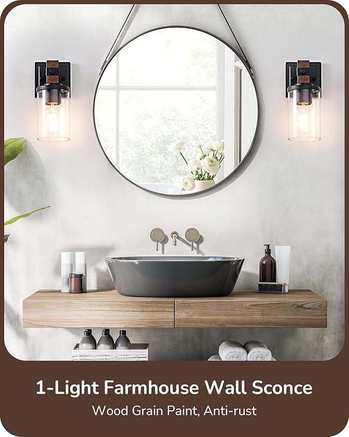 EDISHINE Wall Sconces Set of 2, Farmhouse Vanity Lights Fixtures for Bathroom, 1-Light Faux Wood Rustic Bath Wall Mount Lamp with Clear Glass Shade for Hallway, Living Room, Mirror, Kitchen