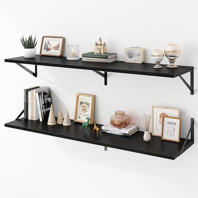 Deep Floating Shelves Wall Mounted, 48"x12" Black Wall Shelves with Brackets Set of 2 for Bedroom, Living Room, Bathroom, Kitchen, Office - Storage & Display Shelf for Decor, Books, Plants