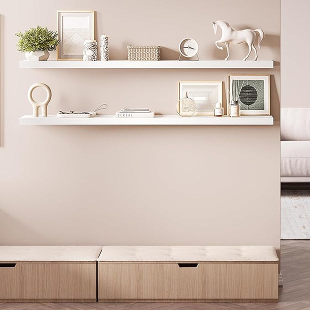 Ballucci Floating Shelves for Wall, 60" Wood Wall Shelf Set of 2, with Invisible Brackets for Bathroom, Living Room, Bedroom, Kitchen, Nursery, 8" Deep, White