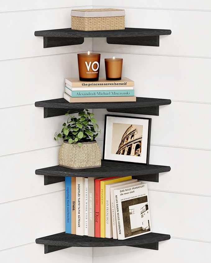 Forbena Black Floating Corner Bookshelf for Wall Set of 4, Large Corner Plant Shelves for Living Room, Rustic Rounded Hanging Bookshelves Wall Mounted for Bedroom Books, Kitchen, Closet, Office