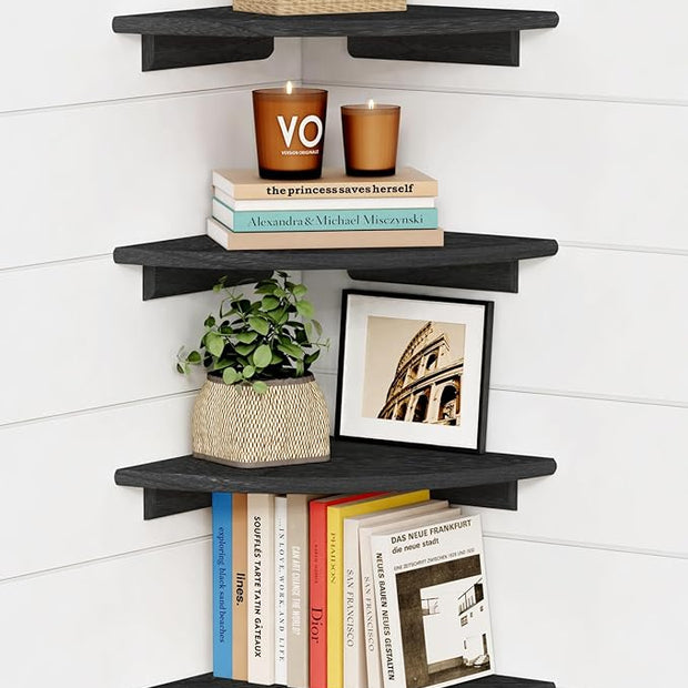 Forbena Black Floating Corner Bookshelf for Wall Set of 4, Large Corner Plant Shelves for Living Room, Rustic Rounded Hanging Bookshelves Wall Mounted for Bedroom Books, Kitchen, Closet, Office