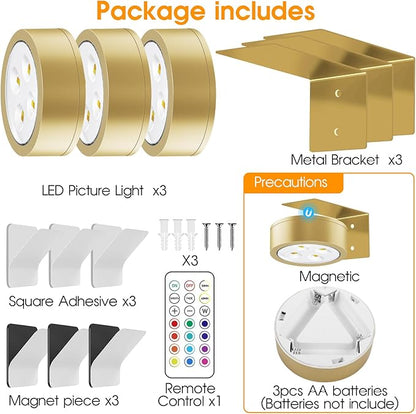 RGB Picture Light Battery Operated Painting Lights for Wall Wireless Magnetic Display Art Light with Remote Controls,Dimmable&Timer for Art Frame Artworking,3Pack Gold