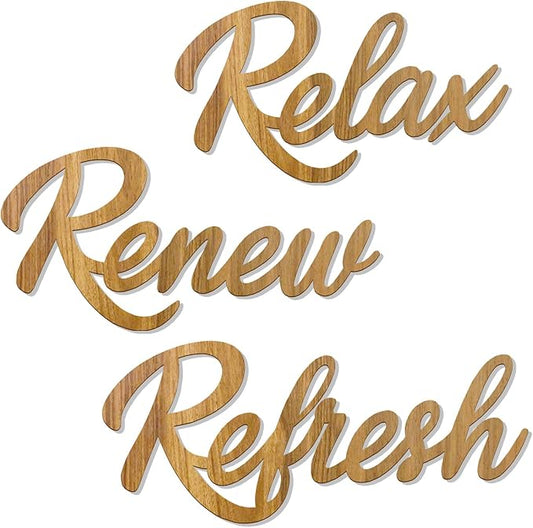 3 Pieces Bathroom Decor Rustic Bathroom Wall Art Wooden Bathroom Sign,Relax Renew Refresh Sign (Brown large)