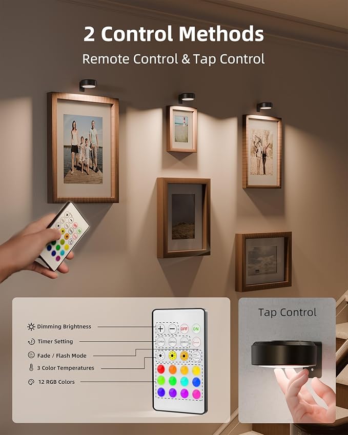 EZVALO Picture Lights for Wall, 2000mAh Rechargeable Battery Magnetic Poster Lights with 3 Color Temps & 12 RGB, Remote Dimmable Timer Painting Light, Wall Decor Light for Art Display, Frame (3 Pack)