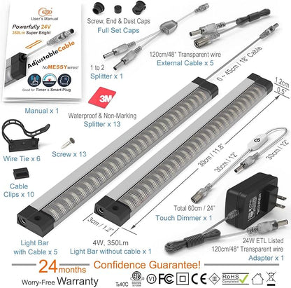 LED Under Counter Lights for Kitchen Touch Under Cabinet Lighting Built-in Adjustable Cable No Messy Wires! 6 Pcs Cabinet Light 3000K 2700Lm 5 External-Cable for Garage Pantry Closet Timer Smart Plug